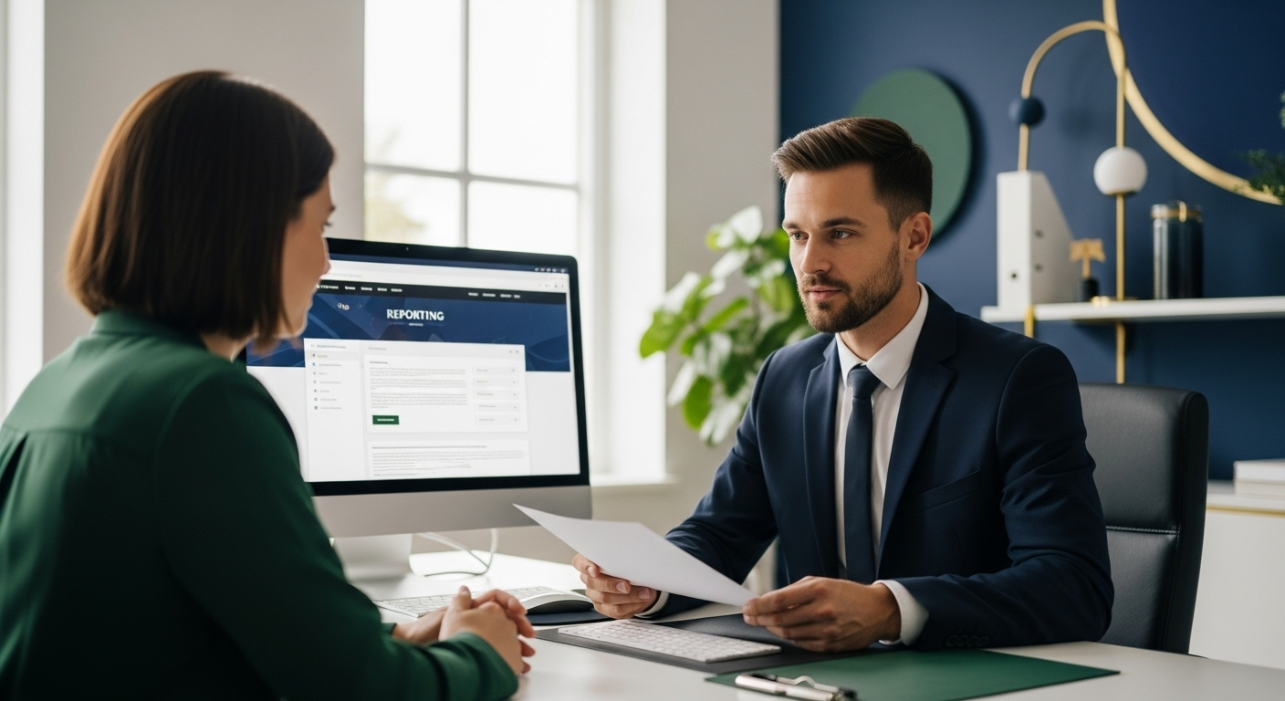 Avocat en cabinet moderne assistant un client avec des documents, écran d’ordinateur évoquant la gestion de contenus illicites, ambiance professionnelle et rassurante, lumière naturelle.