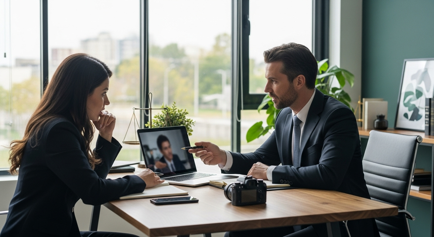 Photographie réaliste d’un avocat en costume conseillant un client inquiet devant un ordinateur portable, preuve numérique posée sur le bureau moderne, ambiance professionnelle et lumineuse dans un cabinet d’avocat contemporain