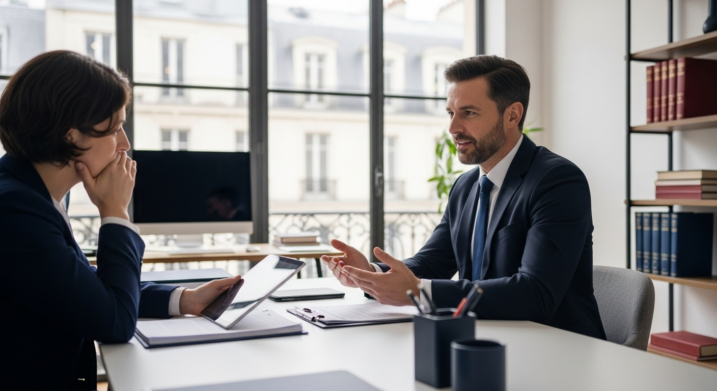 Consultation entre un avocat et son client dans un bureau moderne à Paris, lumière naturelle, ambiance professionnelle, palette bleu foncé et blanc, évoquant la protection légale contre les deepfakes