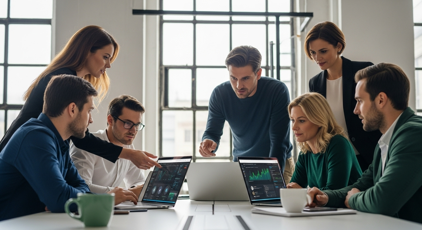 Groupe de professionnels attentifs dans un bureau moderne surveillant leur réputation en ligne sur des ordinateurs, ambiance collaborative et sécurisée