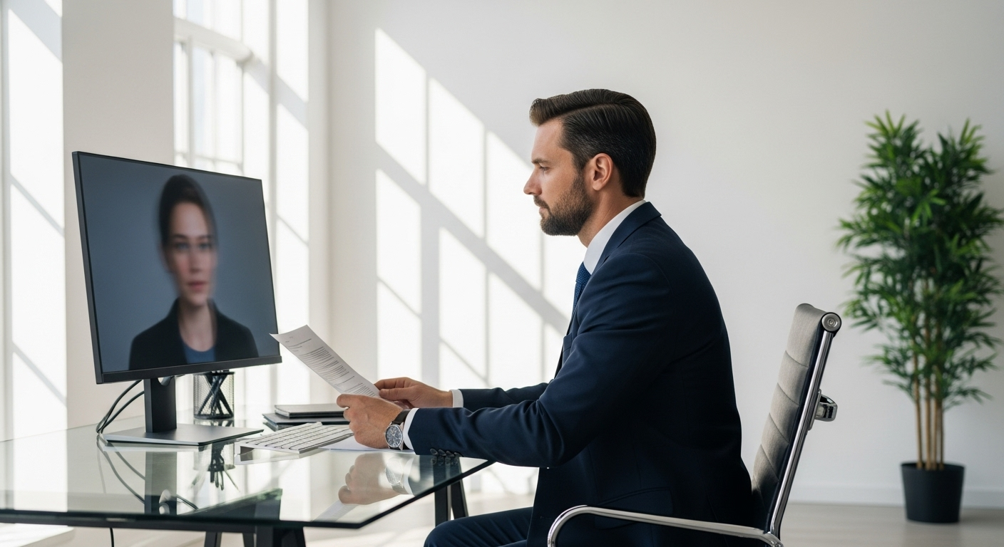 Avocat en costume assis à un bureau moderne, analysant des preuves numériques sur un écran dans un bureau lumineux, ambiance professionnelle liée au droit du numérique